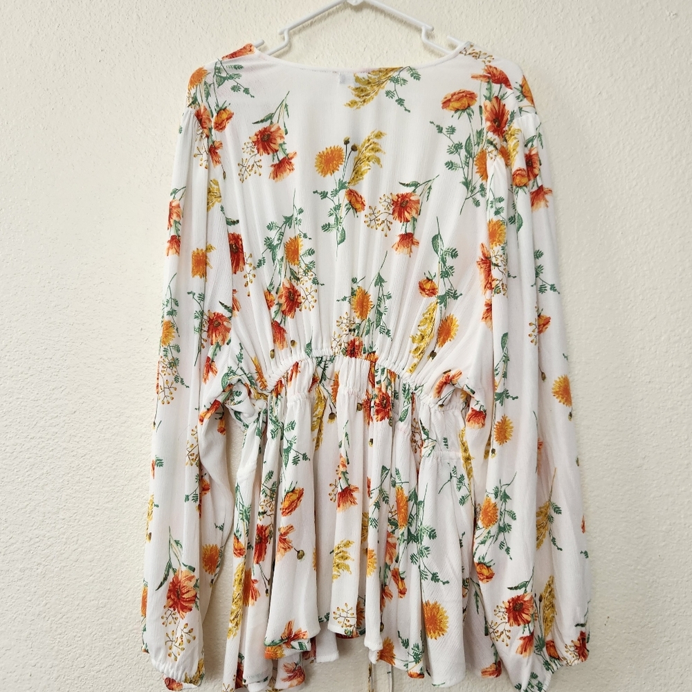 Torrid Floral Top White Orange Layering Swim Elastic Waist Open Tie Front 3X - Picture 6 of 9